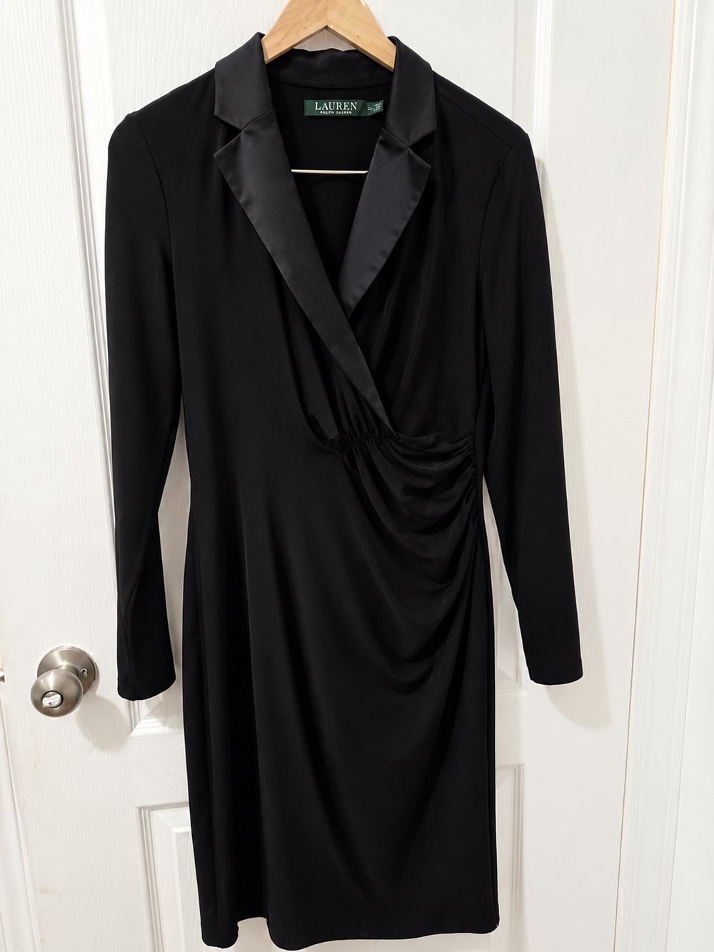Ralph Lauren Black Satin-Lapel Faux-Wrap Long Sleeve Dress